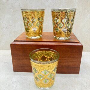 Lot of 3 Culver Valencia MCM Shot Glasses 22kt Gold Green Diamond Pattern 1960s